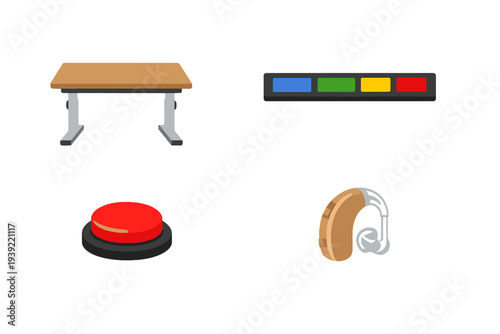 A collection of four flat icons featuring a height-adjustable desk, a multi-colored control panel, a large red push button, and a behind-the-ear hearing aid on a black background.
