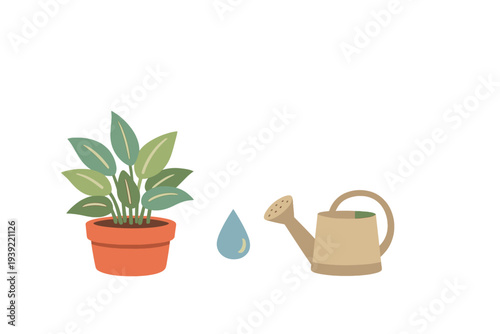 A flat illustration of a green leafy plant in a terracotta pot, a single blue water drop, and a beige watering can, all set against a plain black background for gardening concepts.
