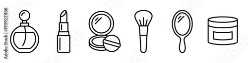 Set of black line art cosmetic icons including a perfume bottle, lipstick, powder compact, makeup brush, hand mirror, and cream jar in a minimalist graphic illustration style
