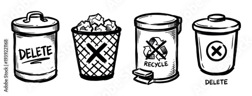 Hand-drawn trash can and recycle bin icons in a sketchy black and white doodle style, featuring delete symbols and crumpled paper for user interface or graphic design elements