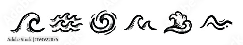 Set of six black ink brush wave icons in various styles, including simple lines, a crest, and a whirlpool, drawn in a grunge, hand-painted artistic sketch style