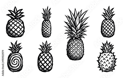 Set of eight hand-drawn pineapple illustrations in a rough sketch style, showing various graphic interpretations of the tropical fruit with bold black ink lines