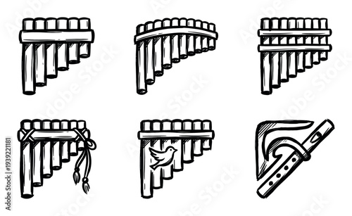 Hand-drawn collection of traditional pan flutes and a woodwind instrument in a black and white sketch style, featuring various ethnic designs with decorative elements