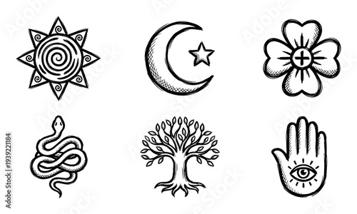 Collection of six spiritual and mystical symbols hand-drawn in a black ink sketch style, including a sun, crescent moon, hamsa hand, snake, tree of life, and flower