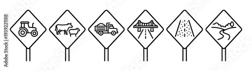 Set of six black outline road signs depicting rural and construction warnings like a tractor, livestock, dump truck, bridge, gravel, and winding road in a minimalist icon style