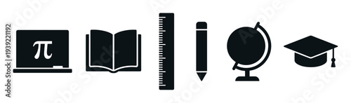 Set of black education and school icons featuring a blackboard with pi, an open book, ruler, pencil, globe, and graduation cap in a flat graphic silhouette style