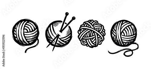 Set of four hand-drawn yarn balls and knitting needles in a black ink brush sketch style, representing a collection of icons for crafting, hobbies, and needlework