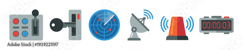 Set of six flat design technology icons including a control panel, ignition key, radar screen, satellite dish, emergency siren, and a digital timer for various concepts
