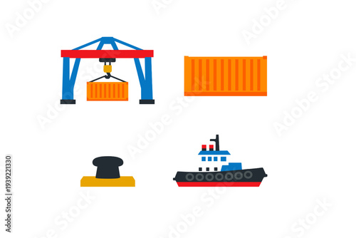 A set of four flat vector icons representing maritime logistics, including a gantry crane lifting a container, a shipping container, a mooring bollard, and a tugboat on a black background.