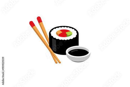 An isometric vector illustration of a single sushi roll with colorful fillings, a pair of wooden chopsticks with red tips, and a small white bowl of soy sauce on a black background.