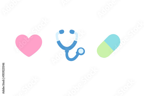 A pink heart, a blue stethoscope, and a light blue and green pill capsule are arranged horizontally on a dark black background. This illustration represents healthcare and medicine.