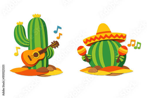 Two stylized paper-cut cacti characters are depicted on a black background. One tall cactus plays a guitar while a round cactus wears a sombrero and shakes maracas amidst musical notes.