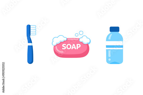 This illustration features essential personal hygiene items including a blue toothbrush, a pink bar of soap with bubbles, and a blue water bottle on a black background.