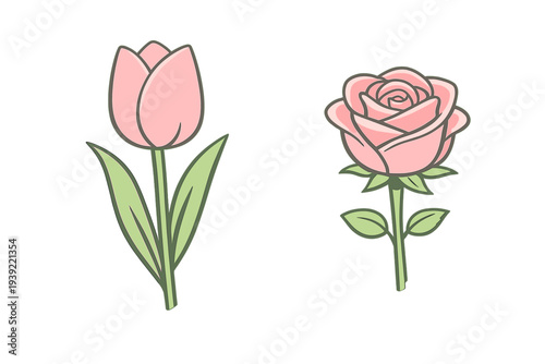 A simple illustration of a pink tulip and a pink rose side by side on a solid black background. Both flowers feature green stems and leaves in a clean, cartoonish style.
