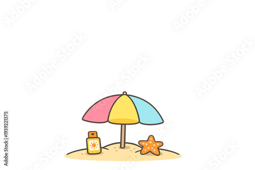 This digital illustration features a vibrant beach umbrella with pink, yellow, and blue panels, a sunscreen bottle, and a starfish on a sandy mound over a black backdrop.