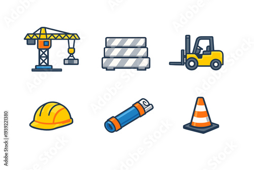 Set of six construction and industrial icons featuring a tower crane, forklift, safety helmet, traffic cone, blueprint, and concrete barriers in a flat vector illustration style.