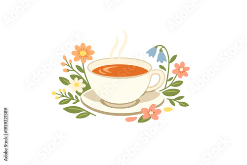 A white ceramic teacup and saucer filled with hot tea or coffee, decorated with various colorful flowers and green leaves, set against a plain black background in a flat style.