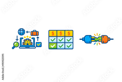 A set of three flat icons featuring a laptop for hotel reservations, a pricing grid with dollar signs and checkmarks, and two electrical plugs connecting together.