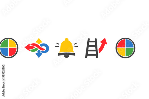 Five minimalist icons are displayed on a black background, featuring a multi-colored circle, tangled arrows, a ringing yellow bell, and a ladder with a rising red arrow.