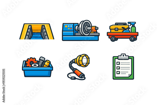 A collection of six industrial workshop icons featuring a lathe machine, a tool cart, a parts bin, a work light, a checklist, and a service pit on a black background.