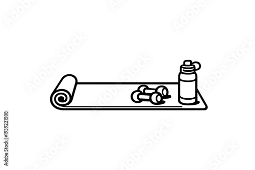 A minimalist line art illustration featuring a rolled-out yoga mat with two dumbbells and a water bottle placed on top, representing a home workout or fitness routine.