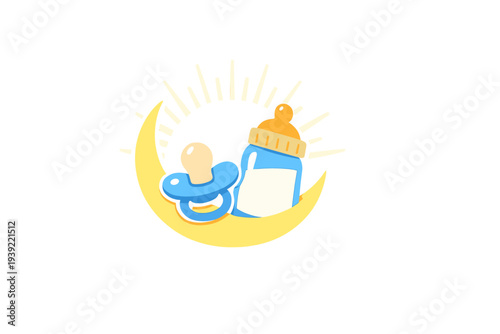 A cartoon illustration featuring a blue baby pacifier and a baby bottle filled with milk resting on a yellow crescent moon against a black background with radiating lines.