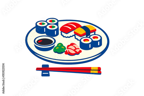 This bold graphic illustration shows a plate of sushi including maki rolls, nigiri, soy sauce, and wasabi. Red chopsticks rest on a blue stand against a solid black background.