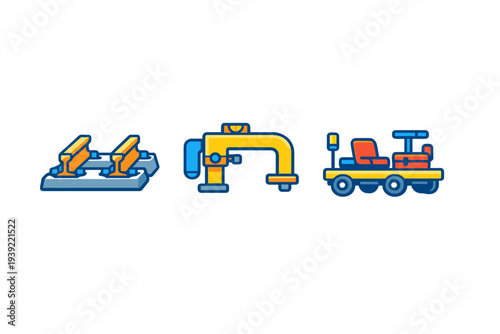 A set of three stylized icons depicting railway maintenance equipment, including a section of track, a specialized drilling tool, and a small service vehicle on a black background.