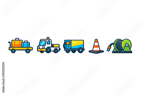 A set of five colorful flat vector icons representing airport ground support equipment, including a baggage cart, a tow tractor, a service truck, a traffic cone, and a cable reel.
