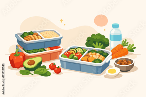 Tableau sur toile A flat vector illustration of healthy meal prep containers filled with vegetables, grains, and protein, surrounded by fresh ingredients like avocado, carrots, and a water bottle