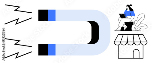 Customer attraction concept. Customer attraction by a magnet drawing elements thumbs up a store and online worker. Customer attraction for marketing, branding, small businesses, freelancers