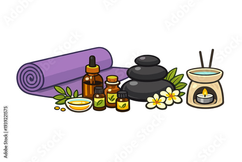 A collection of spa and wellness items including a rolled purple towel, essential oil bottles, stacked black massage stones, frangipani flowers, and a ceramic oil burner with a lit candle.