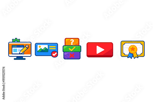 A set of five colorful digital icons representing online learning and content creation, including a computer monitor, an image card, a quiz stack, a video player, and a certificate.