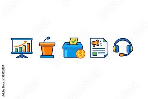 A set of five colorful business and political icons including a presentation chart, a lectern, a ballot box with a coin, a news document, and a communication headset on a black background.