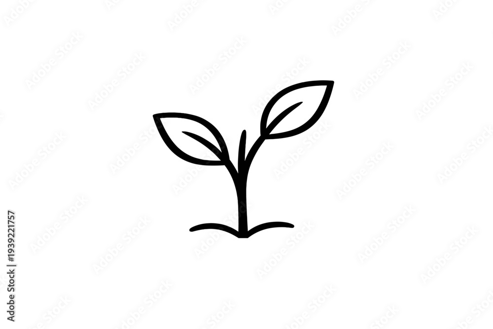 Obraz premium This minimalist line art illustration features a small seedling with two leaves sprouting from the ground on a solid black background, symbolizing nature and new beginnings.