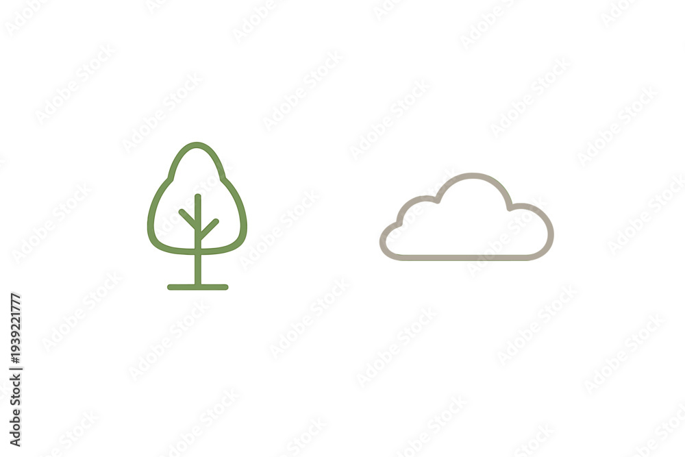 Obraz premium A minimalist illustration featuring a green line-art tree icon and a grey cloud icon side by side on a solid black background. The simple graphic design uses clean lines and muted colors.
