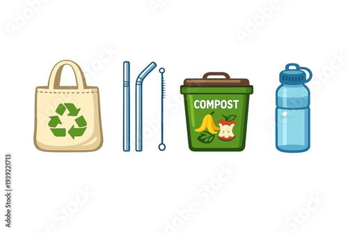 A collection of eco-friendly items including a reusable tote bag with a recycling symbol, metal straws with a brush, a green compost bin, and a blue water bottle on a black background.