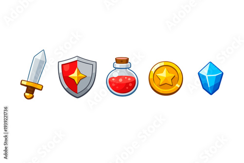 A set of five cartoon game icons including a sword, a red shield with a star, a potion bottle with red liquid, a gold coin, and a blue crystal, all isolated on a black background.