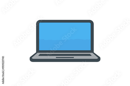 A flat vector illustration of a modern laptop computer with a blue screen and gray body, isolated on a black background. This simple graphic represents technology and digital work.