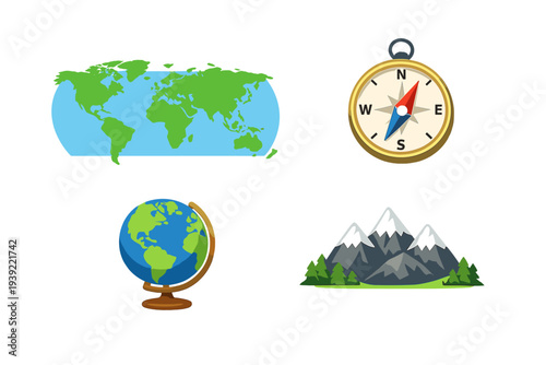 A collection of four geography-themed illustrations featuring a flat world map, a navigational compass, a globe on a stand, and a snow-capped mountain range with pine trees.