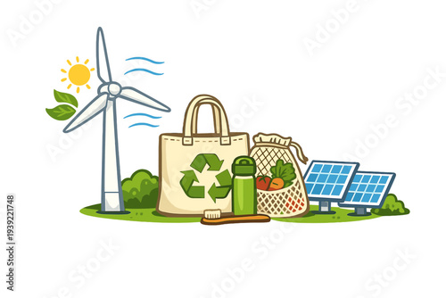 An illustration of sustainable living elements including a wind turbine, solar panels, a reusable shopping bag with a recycle logo, fresh vegetables, and a water bottle on grass.