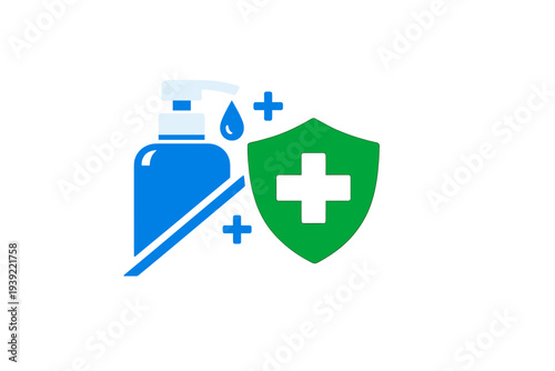 This illustration features a blue hand sanitizer bottle with a pump and a droplet next to a green shield with a black cross. It symbolizes health, hygiene, and germ protection.