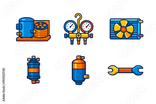 This set of six colorful flat icons features various HVAC and refrigeration equipment such as a compressor, manifold gauges, a fan, a filter drier, and a mechanical wrench.