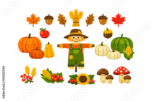 A collection of autumn harvest illustrations featuring a cute scarecrow, pumpkins, corn, wheat, sunflowers, and colorful fall leaves isolated on a black background.