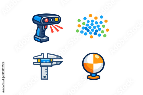 A set of four colorful icons representing 3D scanning technology, including a handheld scanner, a point cloud, a digital caliper, and a reference target sphere on a black background.