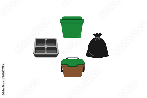 A collection of four waste management icons including a green wheelie bin, a black trash bag, a brown compost bin, and a grey sorting tray, all isolated on a black background.