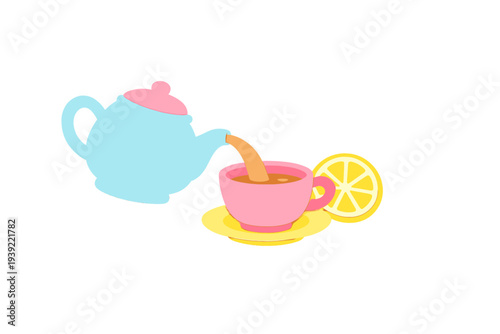 A light blue teapot with a pink lid pours tea into a matching pink teacup sitting on a yellow saucer. A bright yellow lemon slice rests beside the cup against a solid black background.