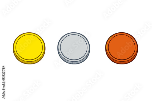 A horizontal row of three circular coins in gold, silver, and bronze colors is displayed against a plain black background. The illustration has a clean and minimalist style.