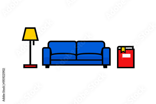 A minimalist flat vector illustration of a comfortable blue sofa positioned between a yellow floor lamp and a red book with a bookmark, set against a solid black background for a modern look.