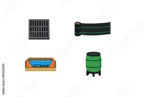 A set of four flat vector icons representing water management and erosion control systems, including a storm drain grate, silt fence roll, sediment basin, and a green rain barrel.